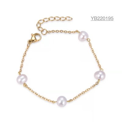 Bracelet en or 18 carats avec strass de 20 cm et perles blanches brillantes