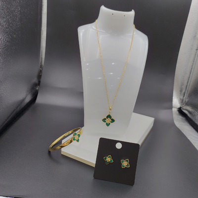 Les dernières boucles d'oreilles en acier inoxydable couleur or, collier, bracelet avec pierre verte pour dame
