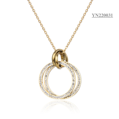 Colliers de mode en acier inoxydable doré Collier avec pendentif double anneau en strass